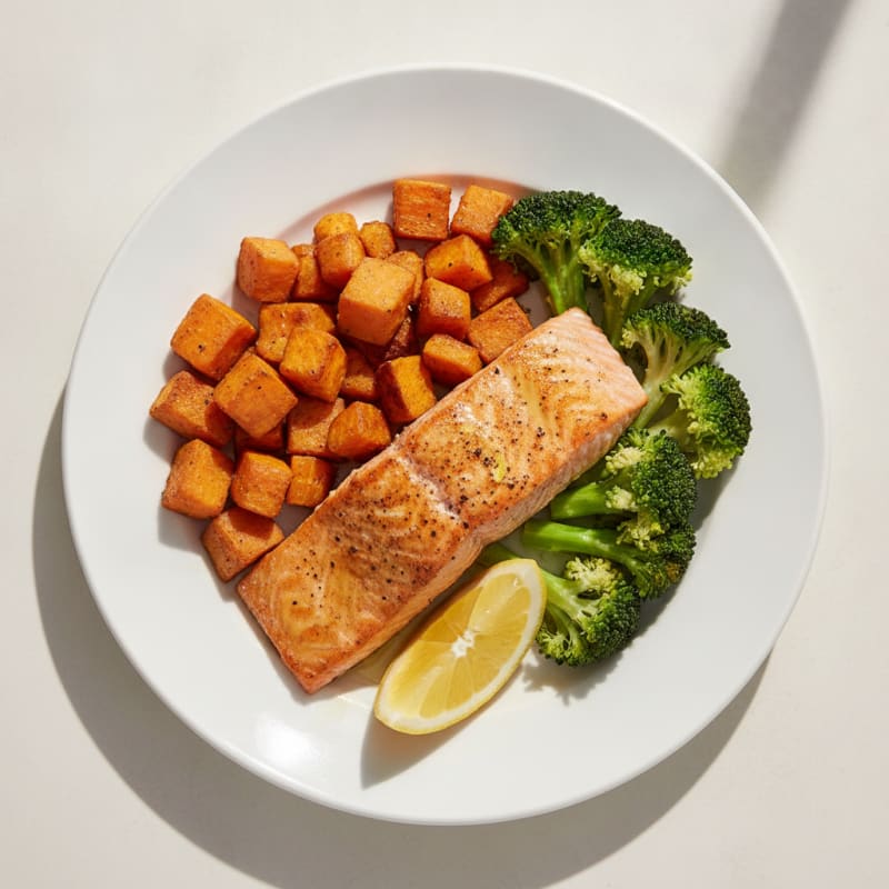Seared Salmon with Roasted Sweet Potato and Steamed Broccoli