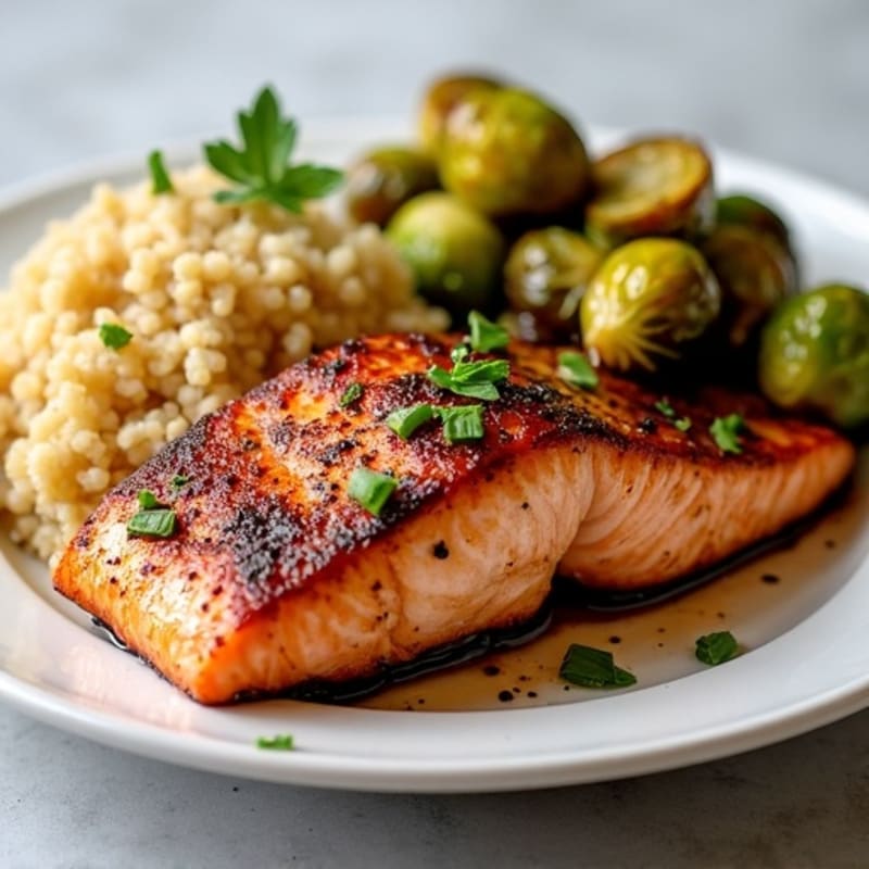 Lemon Garlic Pan-Seared Salmon with Crispy Balsamic Glazed Brussels Sprouts and Fluffy Quinoa