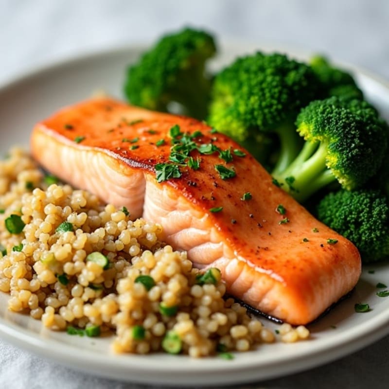 Seared Salmon with Steamed Broccoli and Quinoa