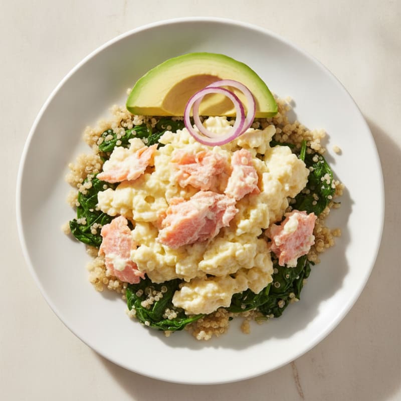 Egg White and Smoked Salmon Scramble with Quinoa and Sautéed Spinach