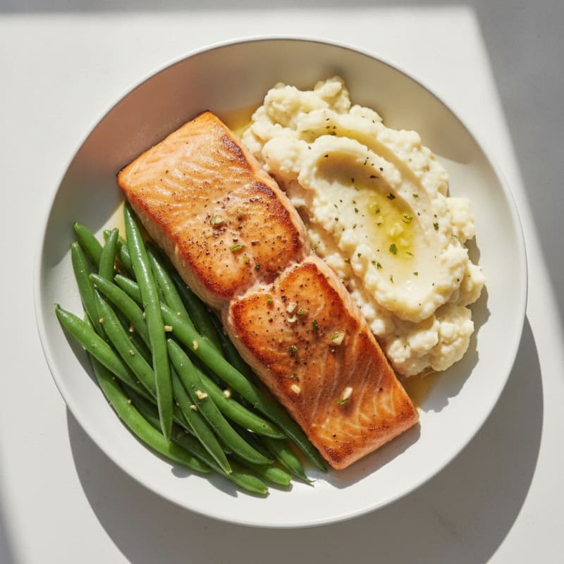 Seared Salmon with Steamed Green Beans and Garlic Mashed Cauliflower