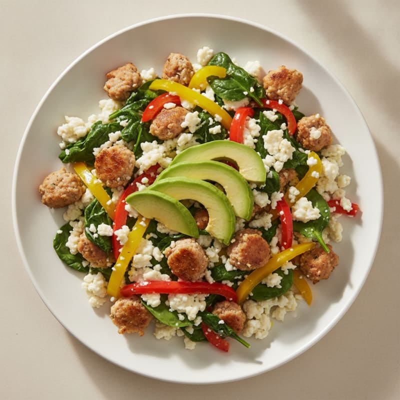Egg White and Chicken Sausage Scramble with Spinach and Bell Peppers