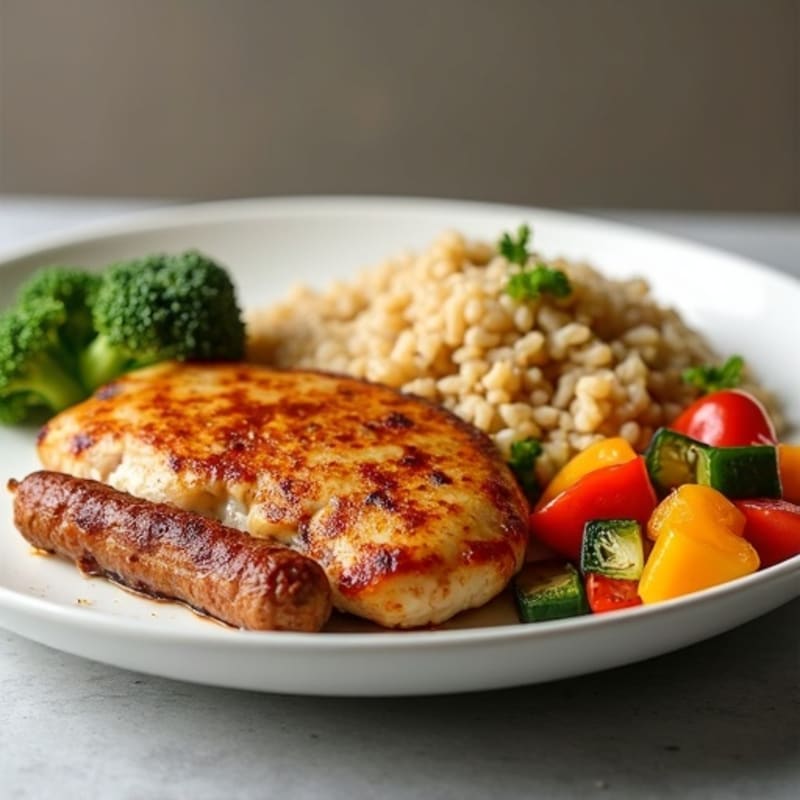 Hearty Lean Chicken and Turkey Sausage with Brown Rice and Sautéed Vegetables