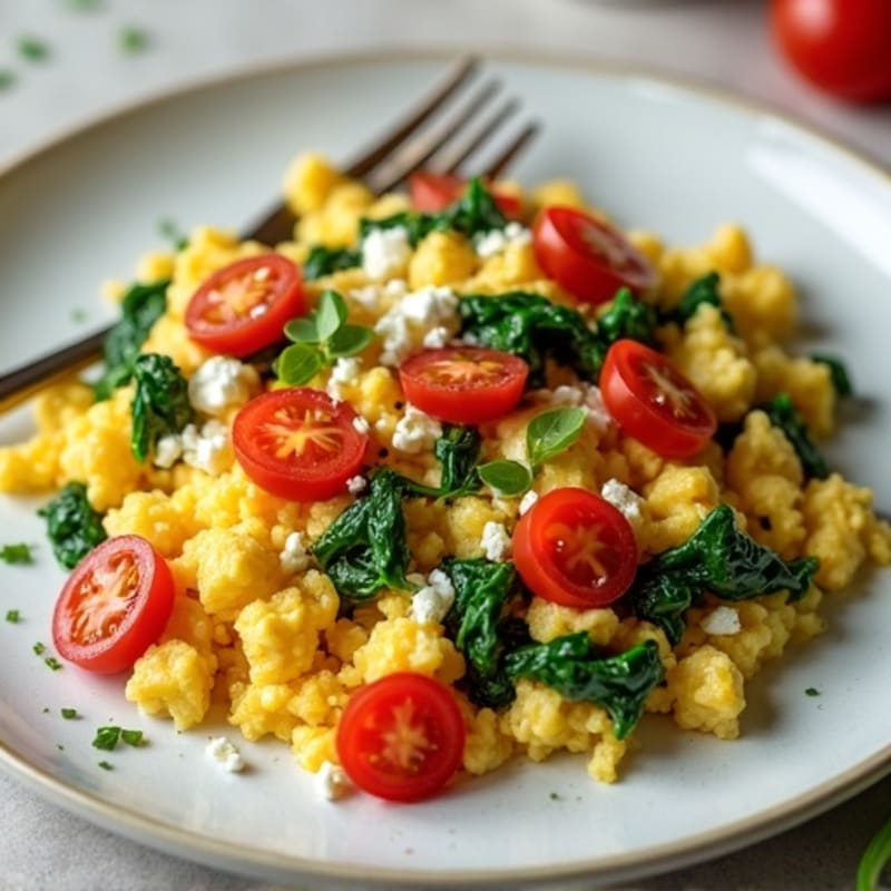 Fluffy Spinach and Tomato Egg Scramble with Sautéed Onions