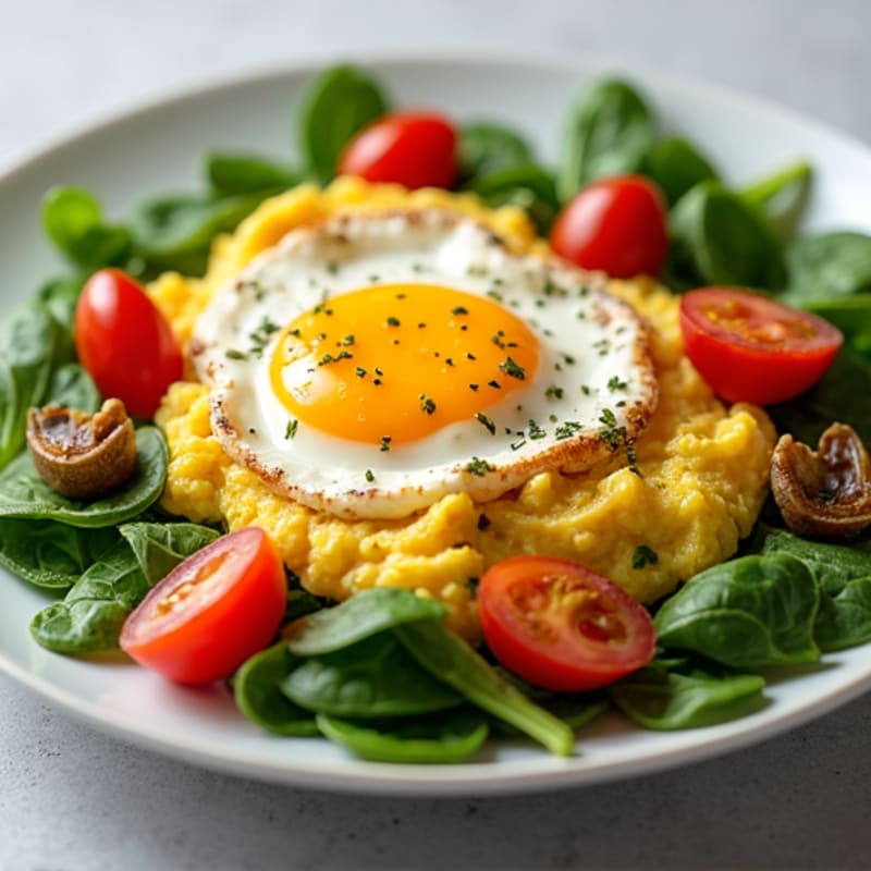 Cottage Cheese Egg Scramble with Spinach and Cherry Tomatoes