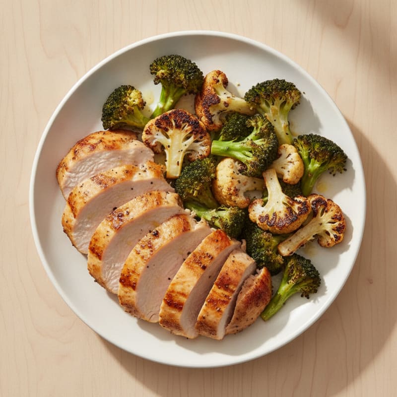 Seared Turkey Breast with Roasted Broccoli and Cauliflower
