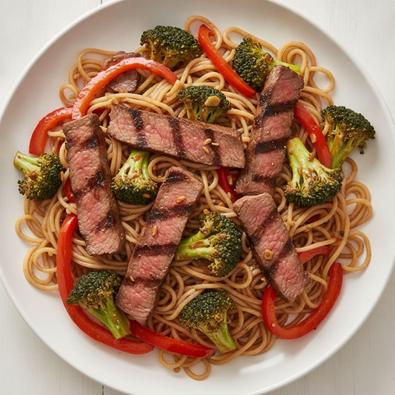 Grilled Beef and Vegetable Stir Fry with Rice Noodles