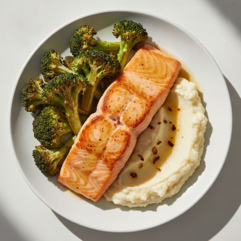 Seared Salmon Fillet with Roasted Broccoli and Garlic Mashed Cauliflower