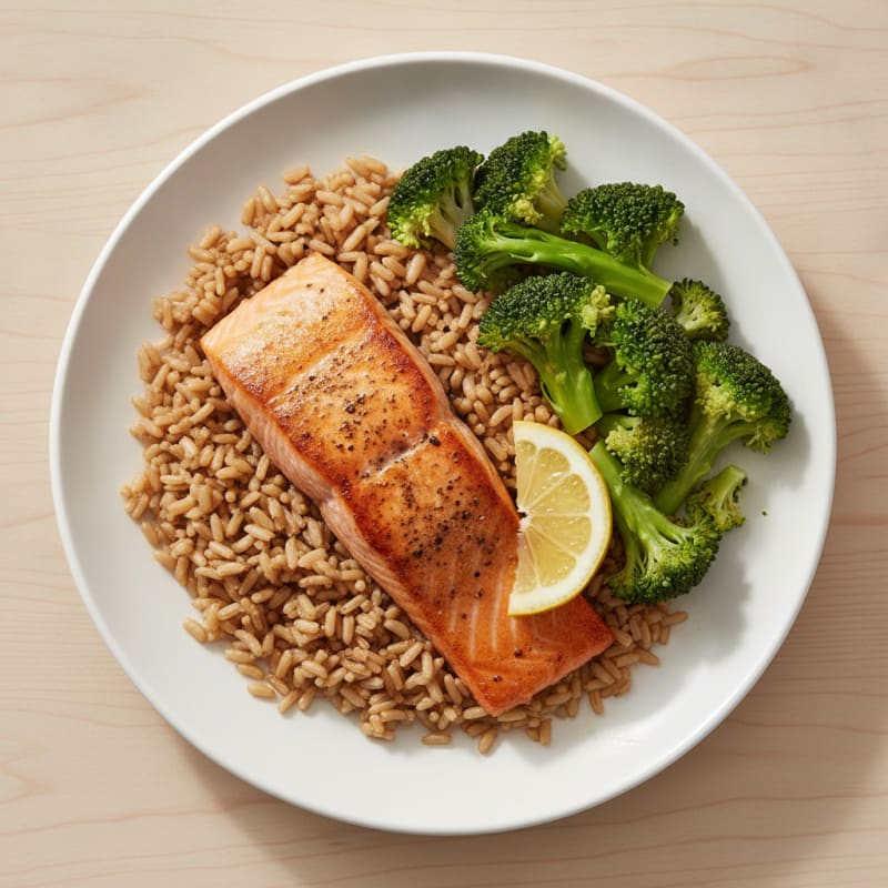 Seared Salmon Fillet with Steamed Broccoli and Garlic Brown Rice