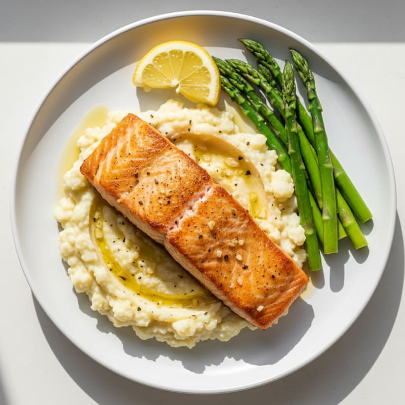 Seared Salmon with Steamed Asparagus and Garlic Mashed Cauliflower