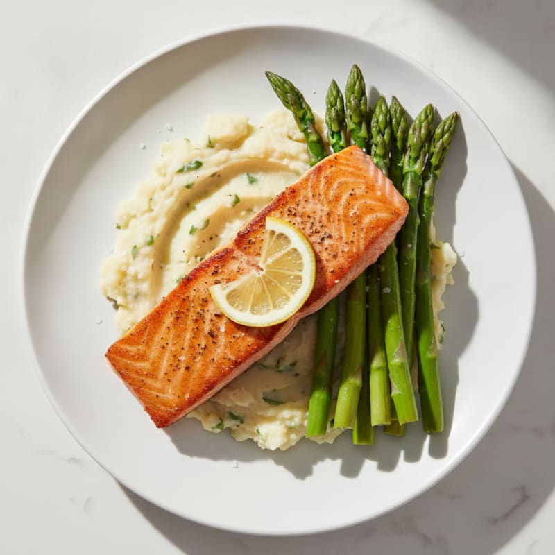 Seared Salmon with Steamed Asparagus and Cauliflower Mash