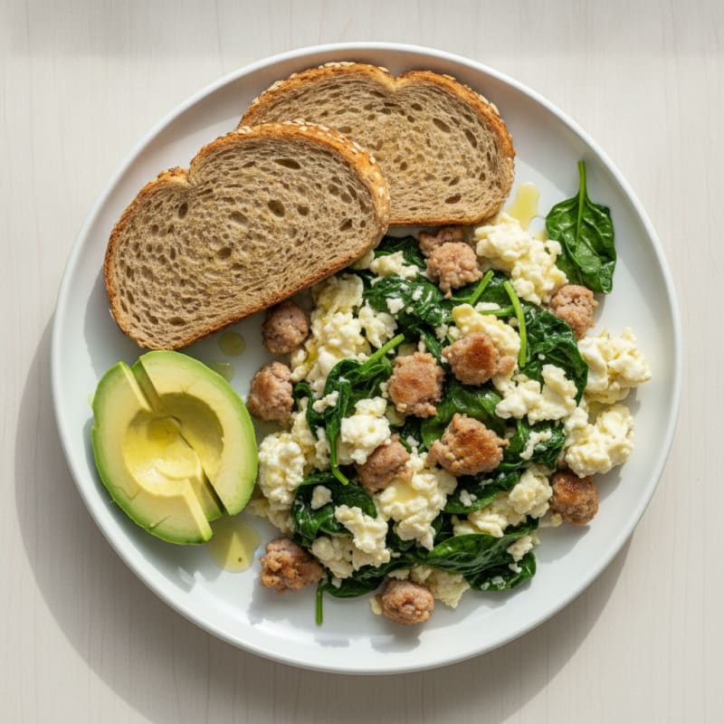 Egg White Spinach Scramble with Turkey Sausage