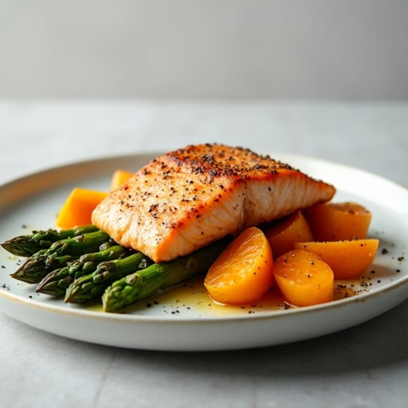 Seared Salmon with Roasted Sweet Potato and Asparagus