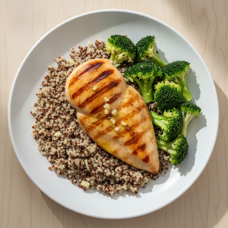 Grilled Lemon Garlic Chicken Breast with Quinoa and Steamed Broccoli