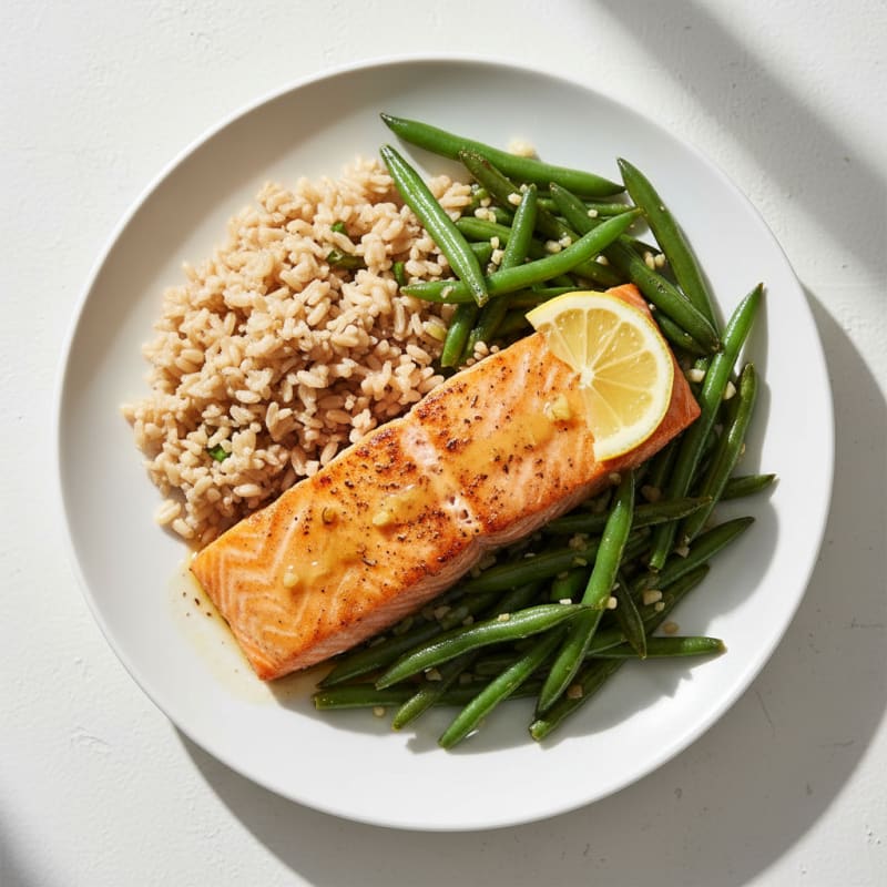 Baked Salmon with Garlic Green Beans and Brown Rice