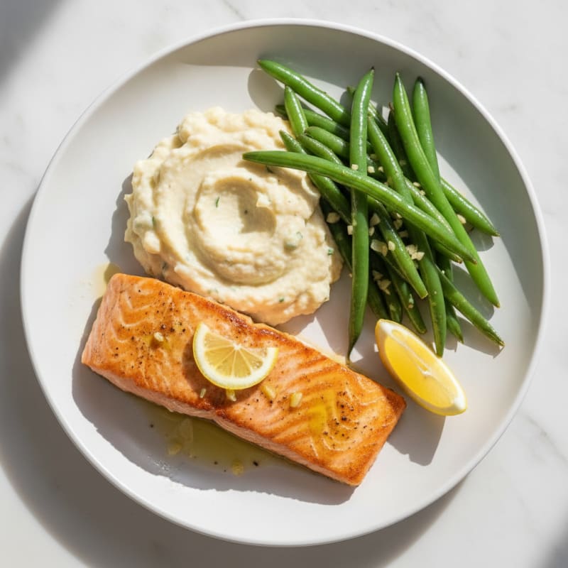 Seared Salmon with Garlic Green Beans and Cauliflower Mash