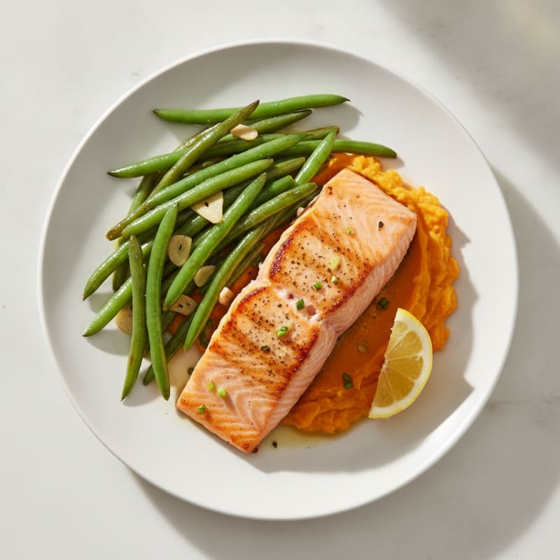 Seared Salmon Fillet with Garlic Green Beans and Sweet Potato Mash