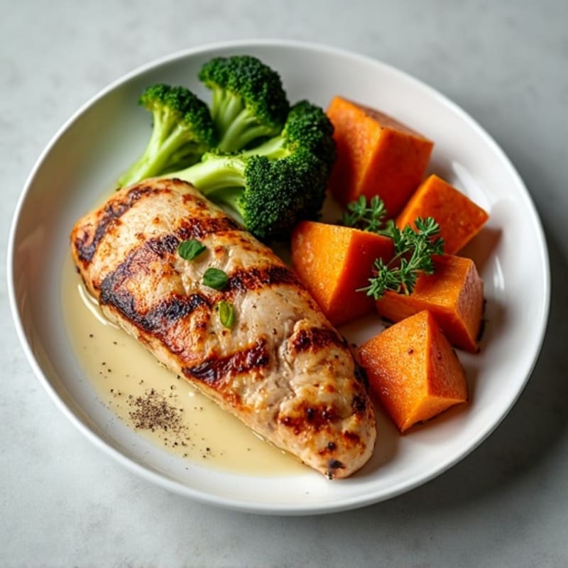 Grilled Turkey Breast with Roasted Sweet Potatoes and Broccoli