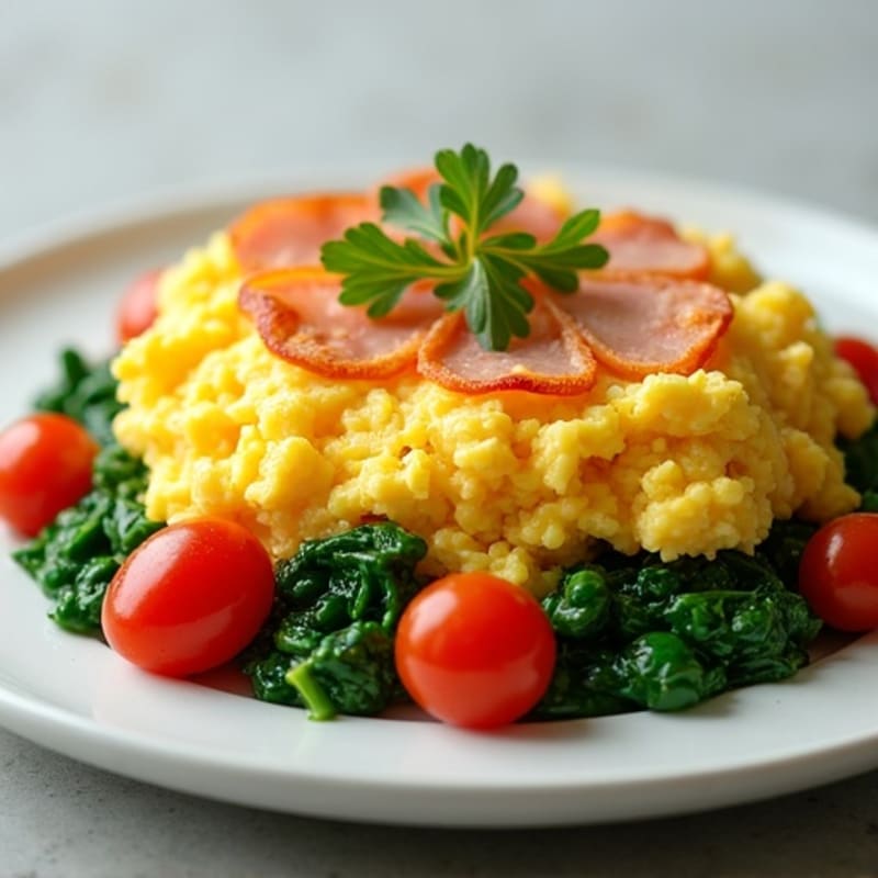 High-Protein Scrambled Eggs with Sautéed Spinach and Cherry Tomatoes