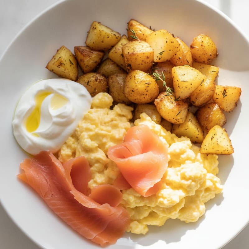 Creamy Scrambled Eggs with Smoked Salmon and Roasted Potatoes