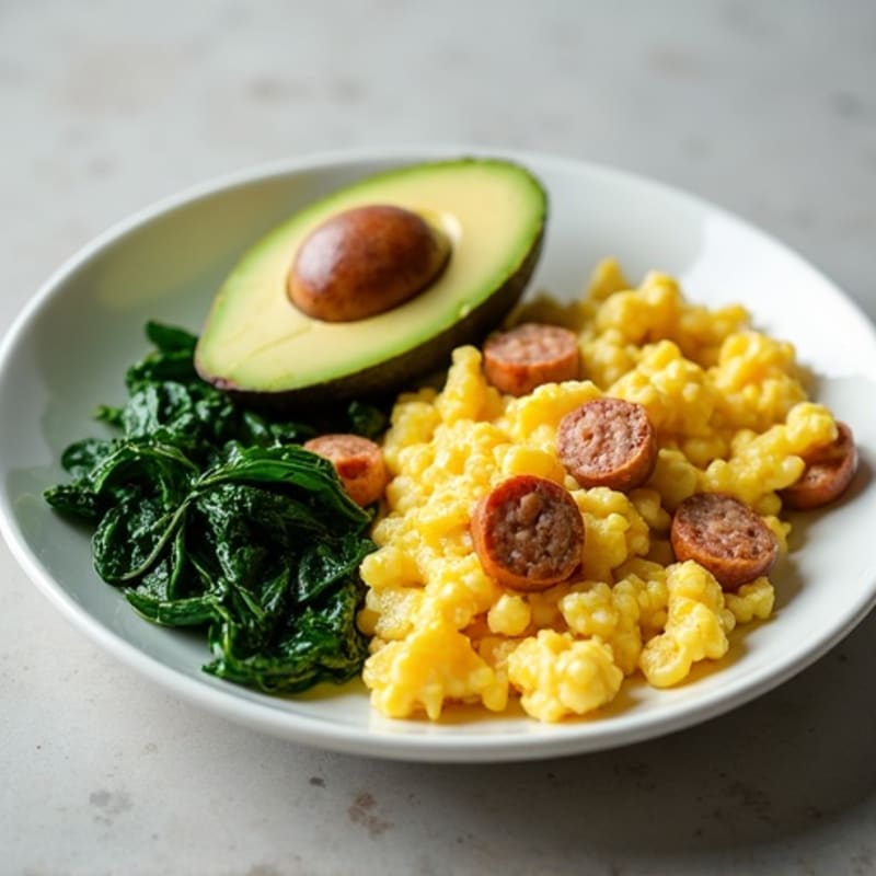 Egg White Scramble with Turkey Sausage and Sautéed Spinach