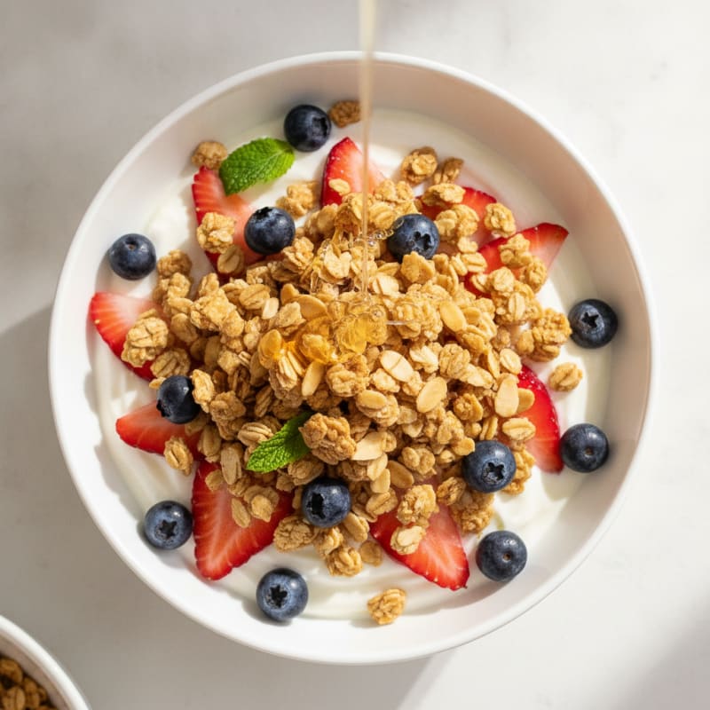 Greek Yogurt Parfait with Crunchy Almond Granola and Berries