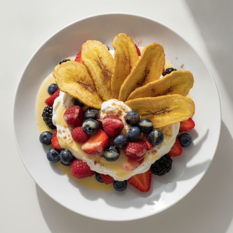Protein Yogurt Parfait with Mixed Berries and Plantain Crisps