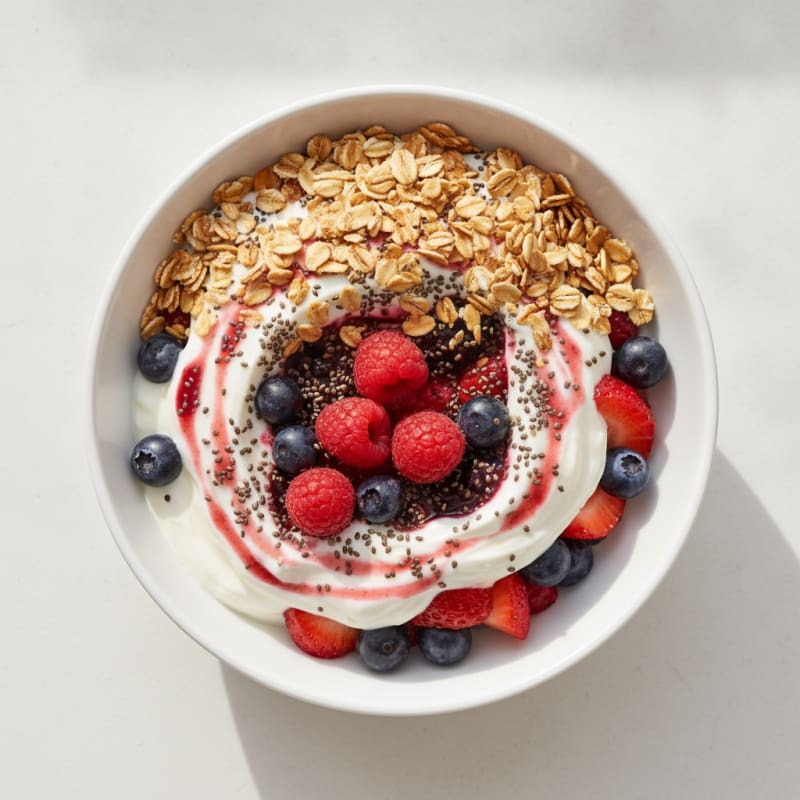 Greek Yogurt Protein Parfait with Mixed Berries and Chia Seeds