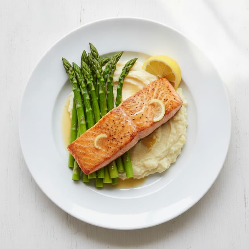 Seared Salmon with Steamed Asparagus and Garlic Cauliflower Mash