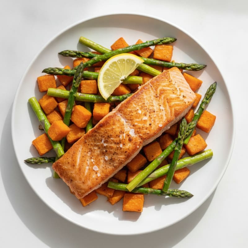 Seared Salmon with Roasted Sweet Potatoes and Asparagus