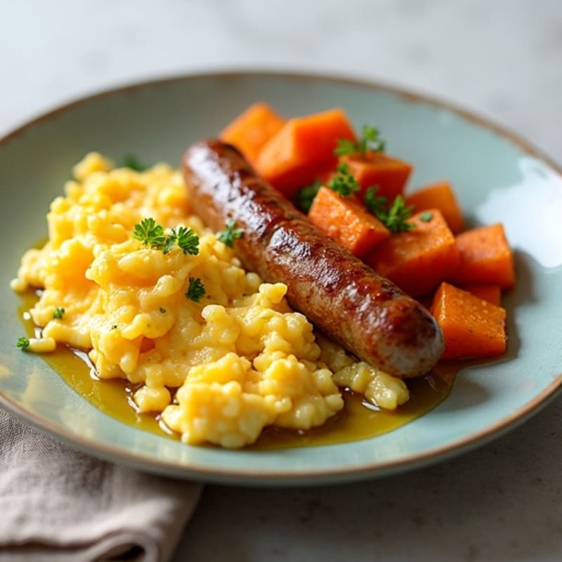 Scrambled Egg Whites with Chicken Sausage and Roasted Sweet Potatoes