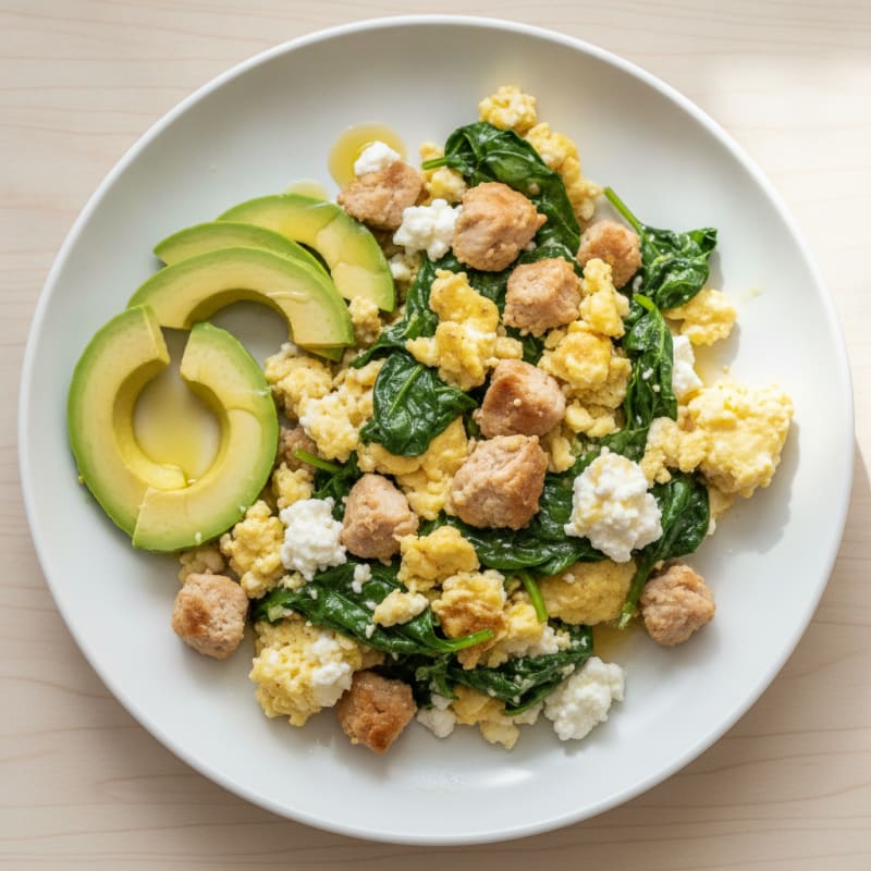 Cottage Cheese Scramble with Spinach and Sautéed Turkey
