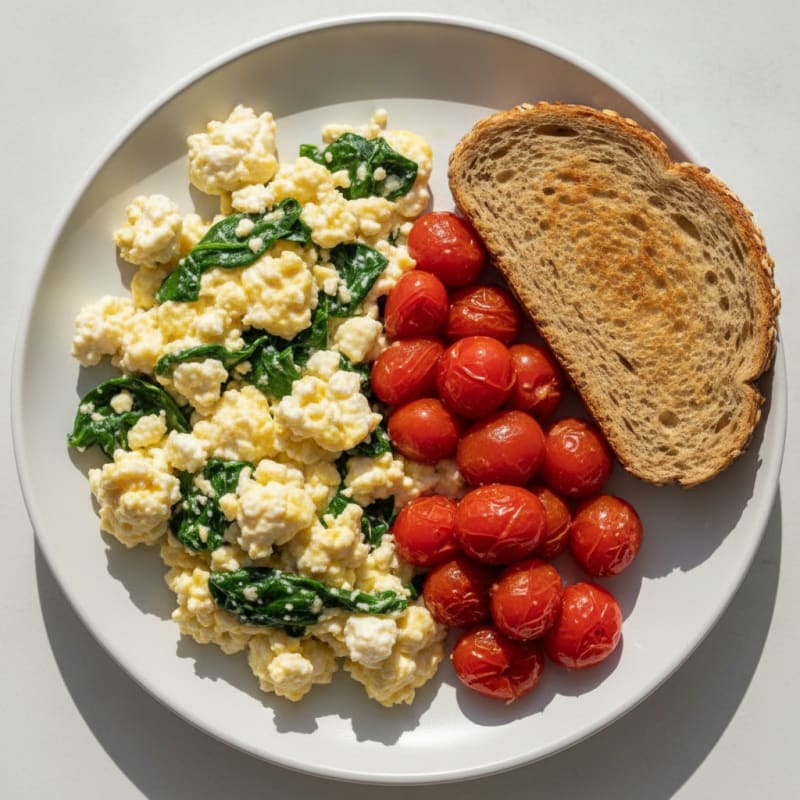 Cottage Cheese Egg Scramble with Spinach and Cherry Tomatoes