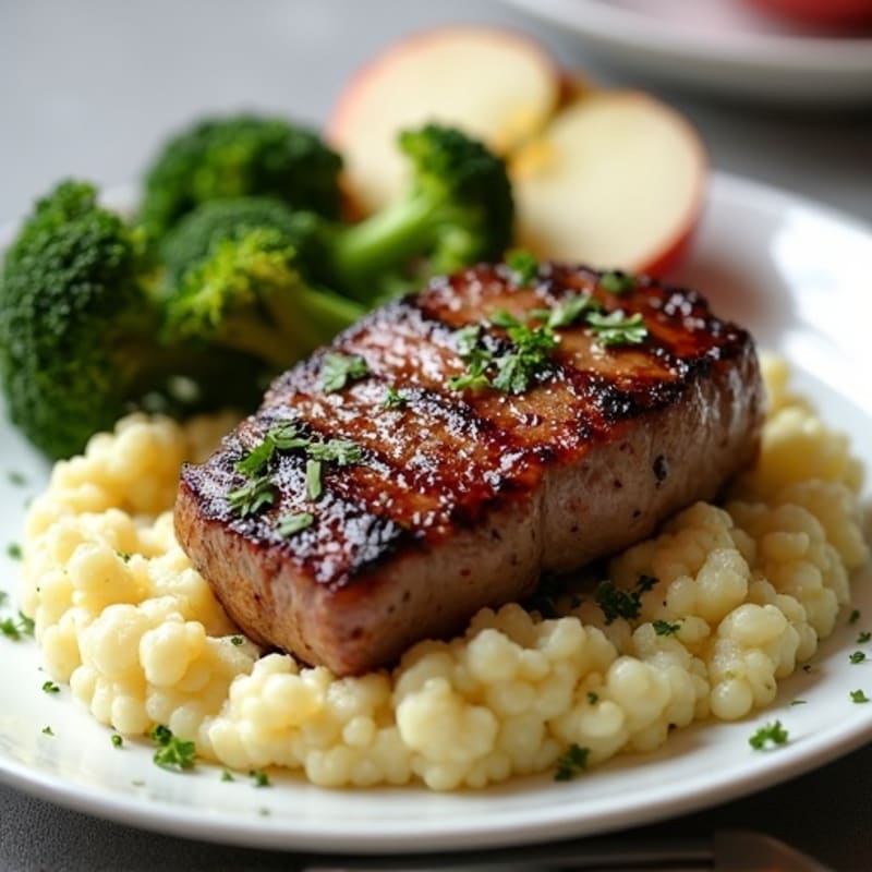 Seared Lean Steak with Roasted Broccoli, Garlic Mashed Cauliflower & Apple Dessert