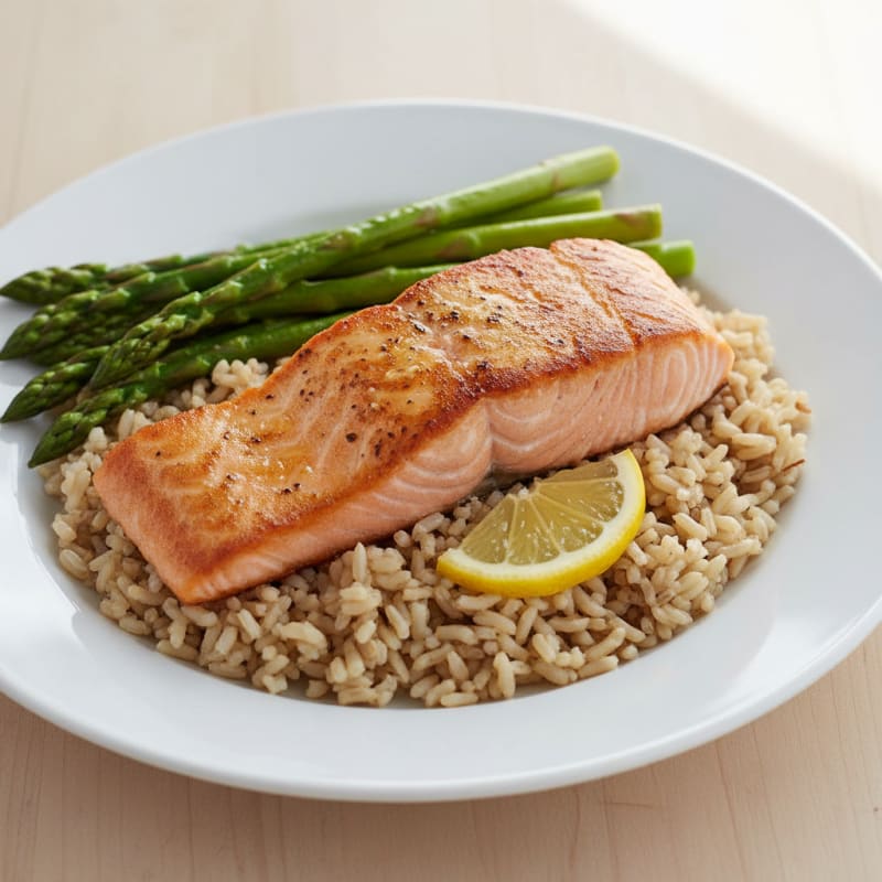 Seared Salmon with Steamed Asparagus and Brown Rice