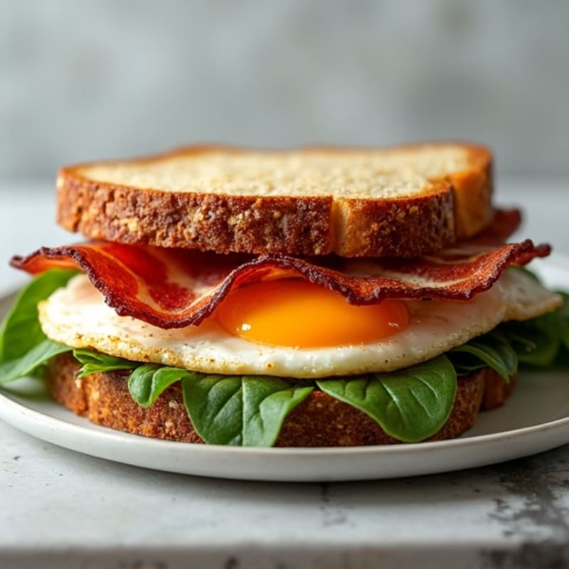 Crispy Turkey Bacon and Egg Sandwich on Whole Grain with Fresh Spinach