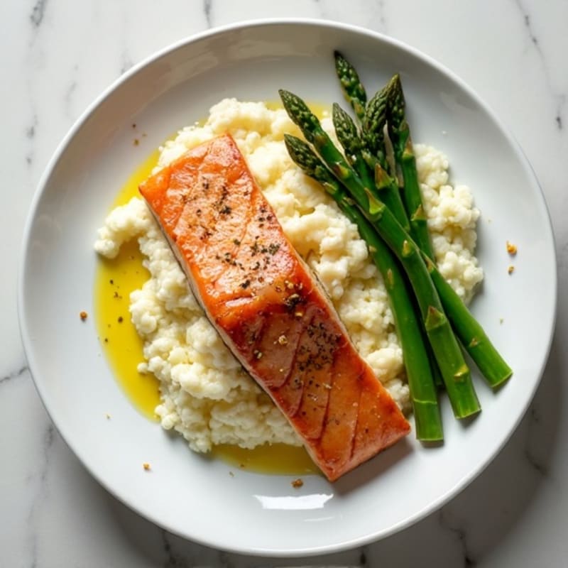 Seared Salmon with Steamed Asparagus and Cauliflower Mash