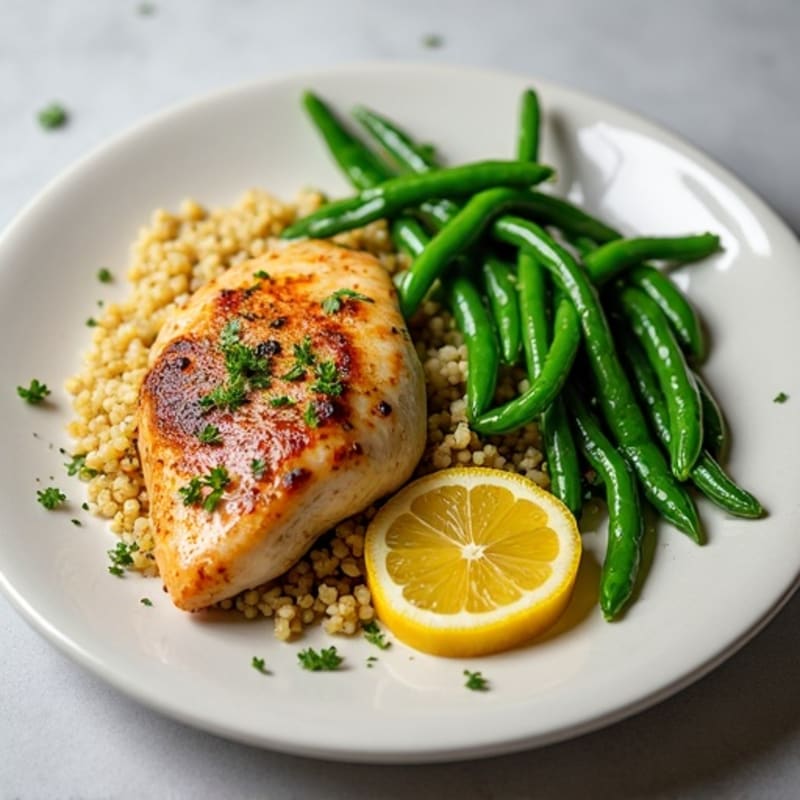 Roasted Lemon-Herb Chicken with Fluffy Quinoa and Crispy Green Beans