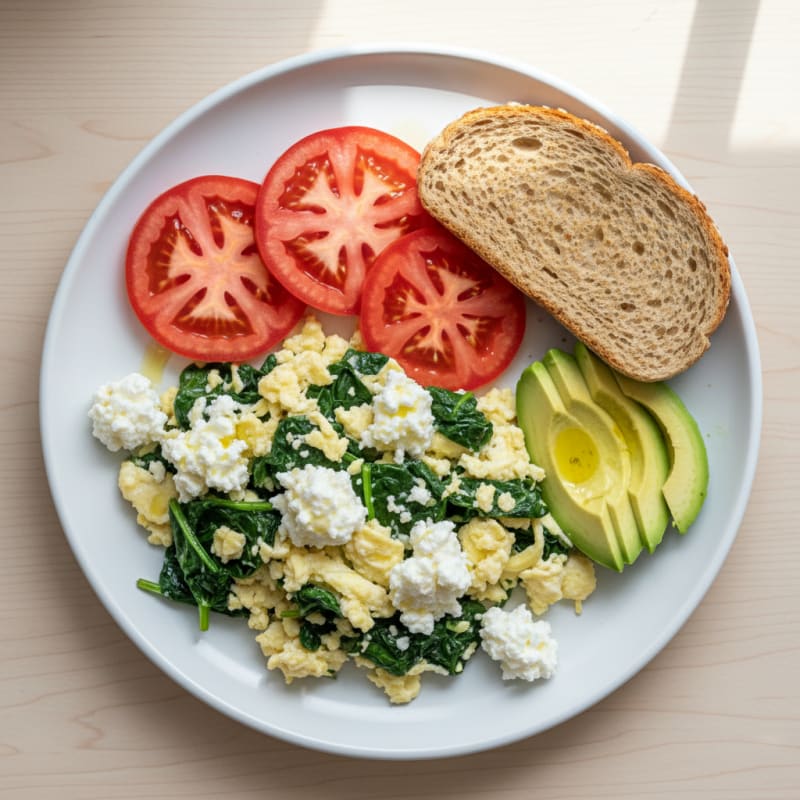 Egg White and Spinach Scramble with Cottage Cheese and Tomato