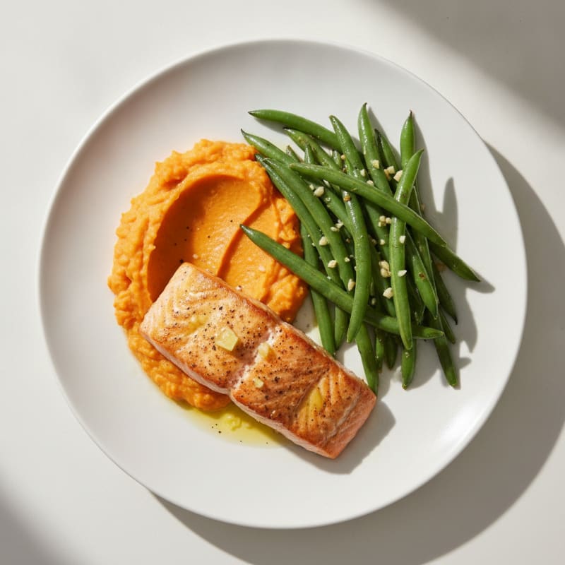 Seared Salmon with Garlic Green Beans and Sweet Potato Mash