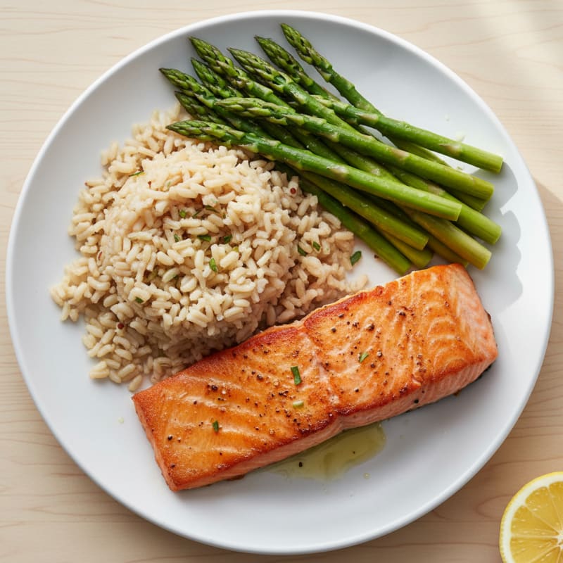 Seared Salmon with Steamed Asparagus and Brown Rice