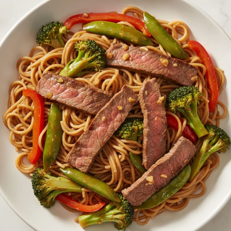 Lean Beef Stir-Fry with Mixed Vegetables and Brown Rice Noodles