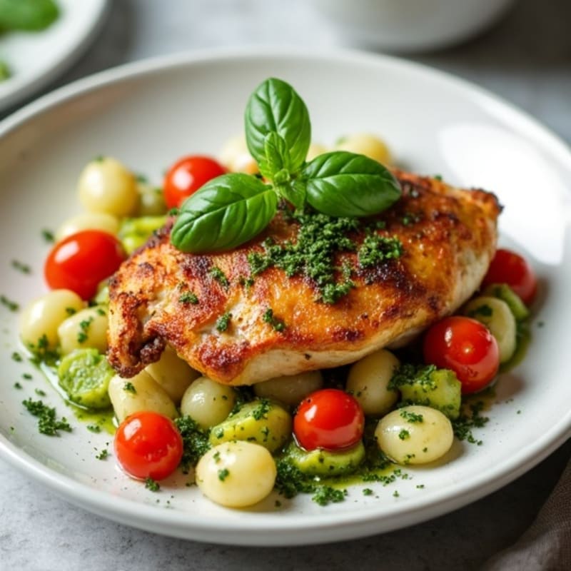 Fresh Basil Pesto Gnocchi with Crispy Chicken and Roasted Cherry Tomatoes