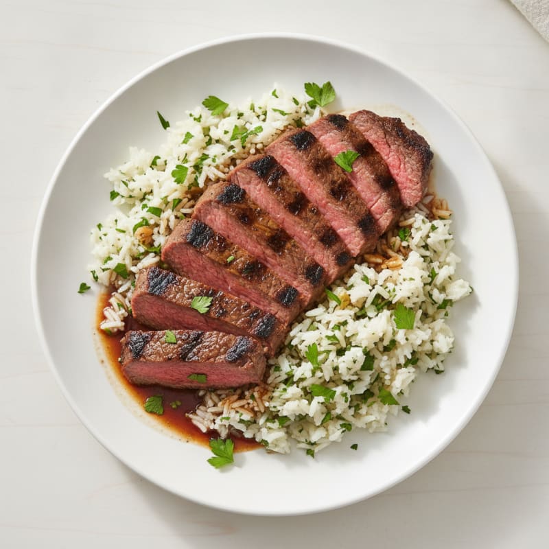 Seared Sirloin Steak with Herb-Infused Rice