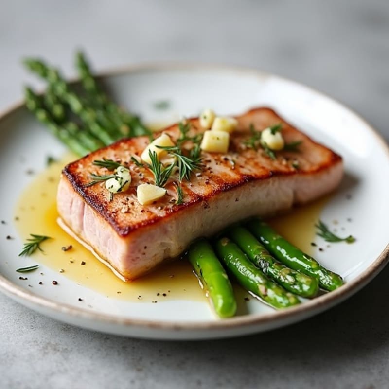Seared Tuna Steak with Steamed Asparagus and Garlic