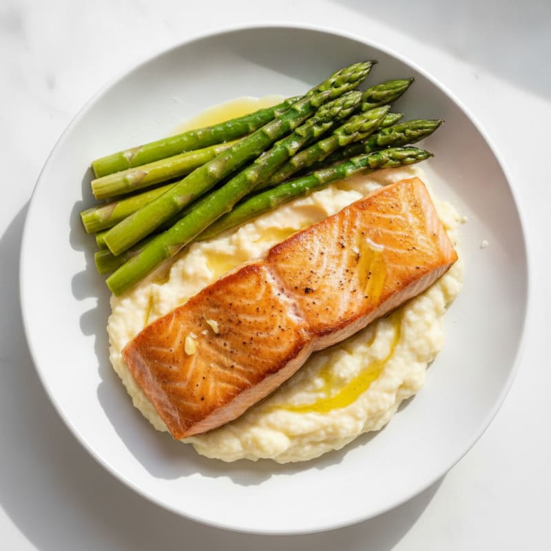 Seared Salmon with Steamed Asparagus and Cauliflower Mash