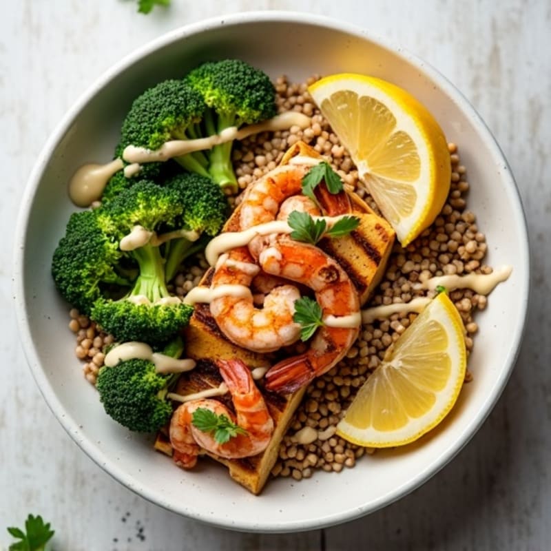 Grilled Tofu and Quinoa Bowl with Roasted Broccoli and Lemon Tahini Drizzle