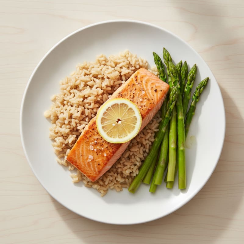 Seared Salmon with Steamed Asparagus and Brown Rice