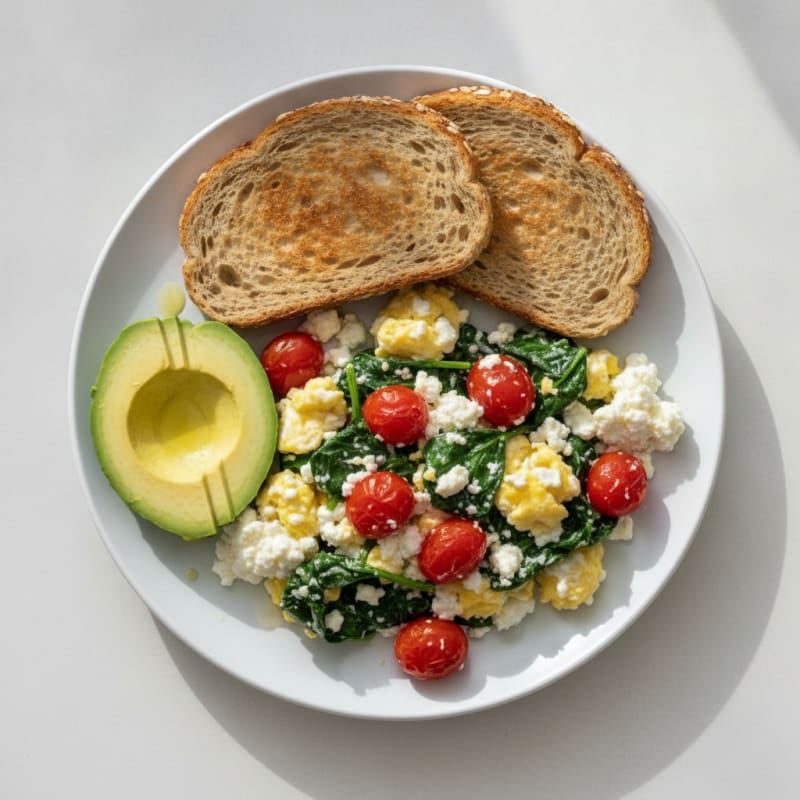 Cottage Cheese Scramble with Spinach and Cherry Tomatoes