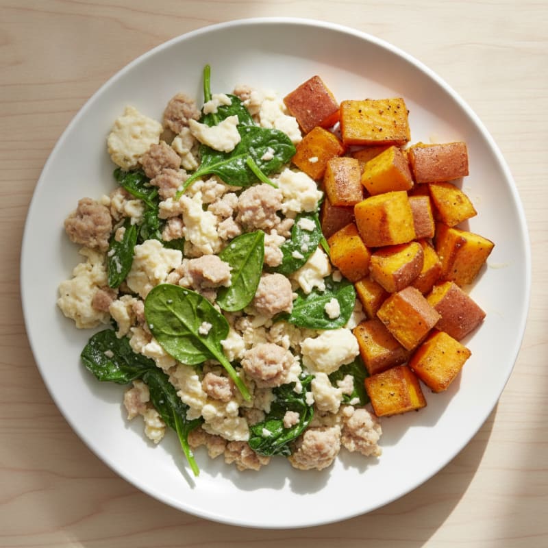 Egg White and Turkey Sausage Scramble with Spinach and Roasted Sweet Potato